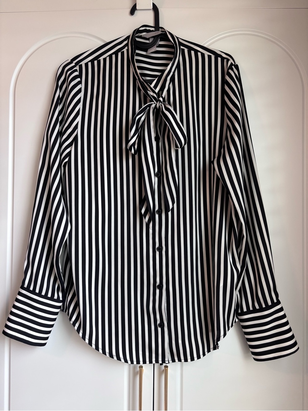 H&M Black & White Vertical Stripe Tie-Neck Button-Down Blouse